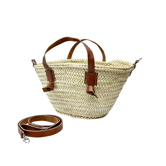 STRAW BAG Handmade with leather, French Market Basket