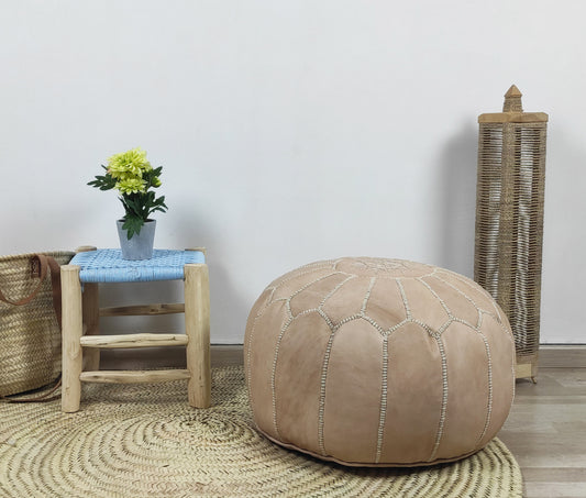 Moroccan POUF with White Stitching Leather Pouf Ottoman Pouf Morrocan Leather Pouf Moroccan Pouffe