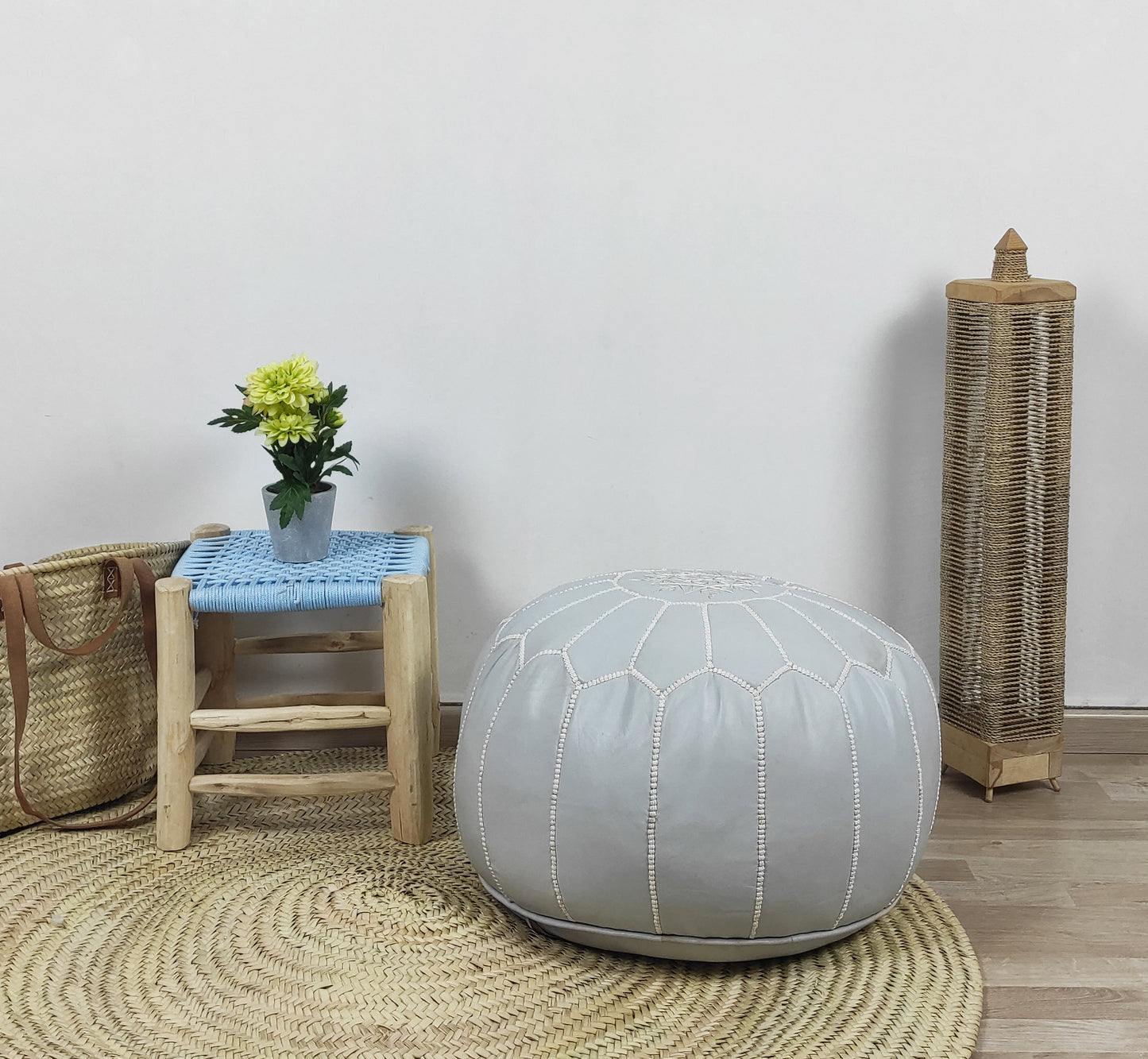 Moroccan POUF with White Stitching Leather Pouf Ottoman Pouf Morrocan Leather Pouf Moroccan Pouffe