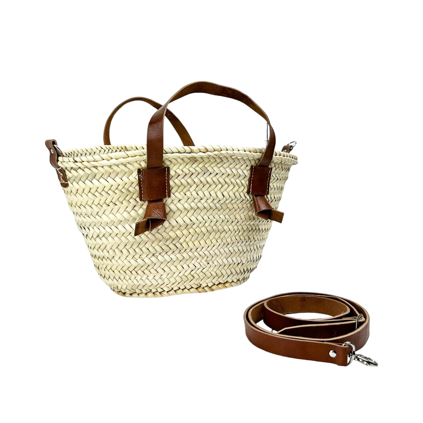 STRAW BAG Handmade with leather, French Market Basket