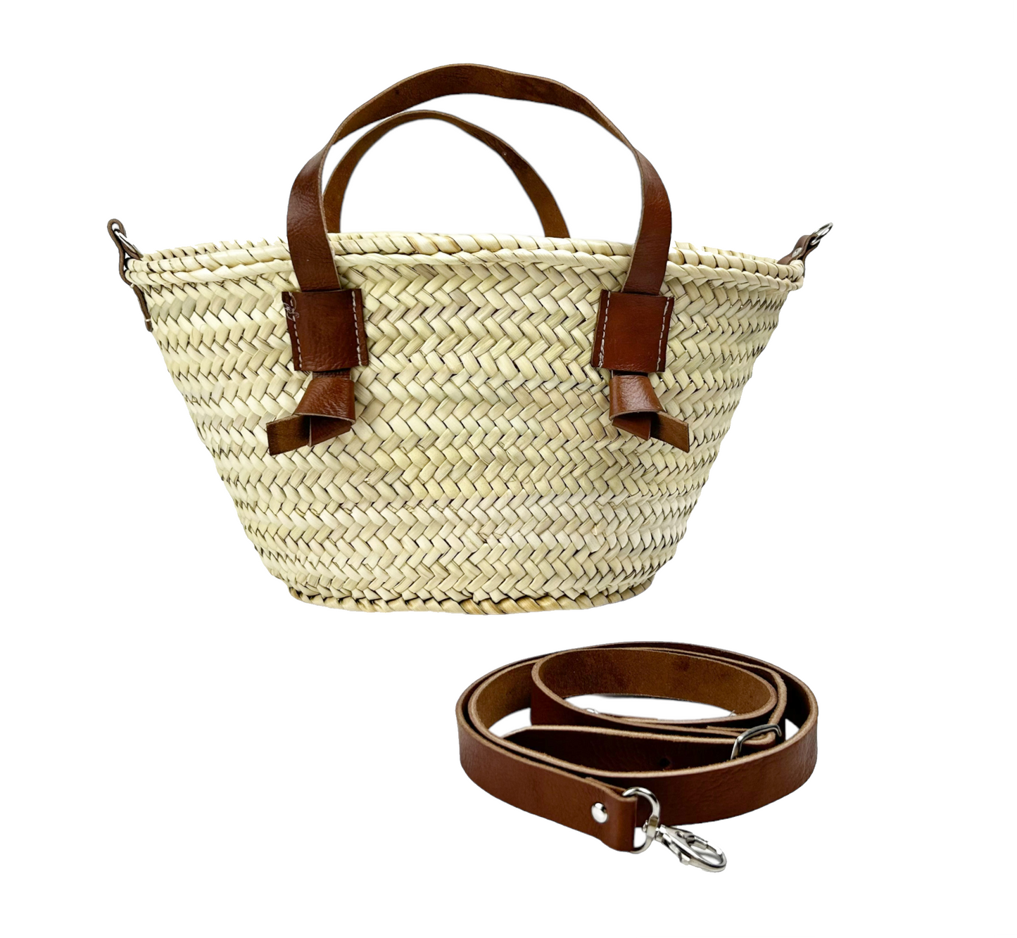 STRAW BAG Handmade with leather, French Market Basket