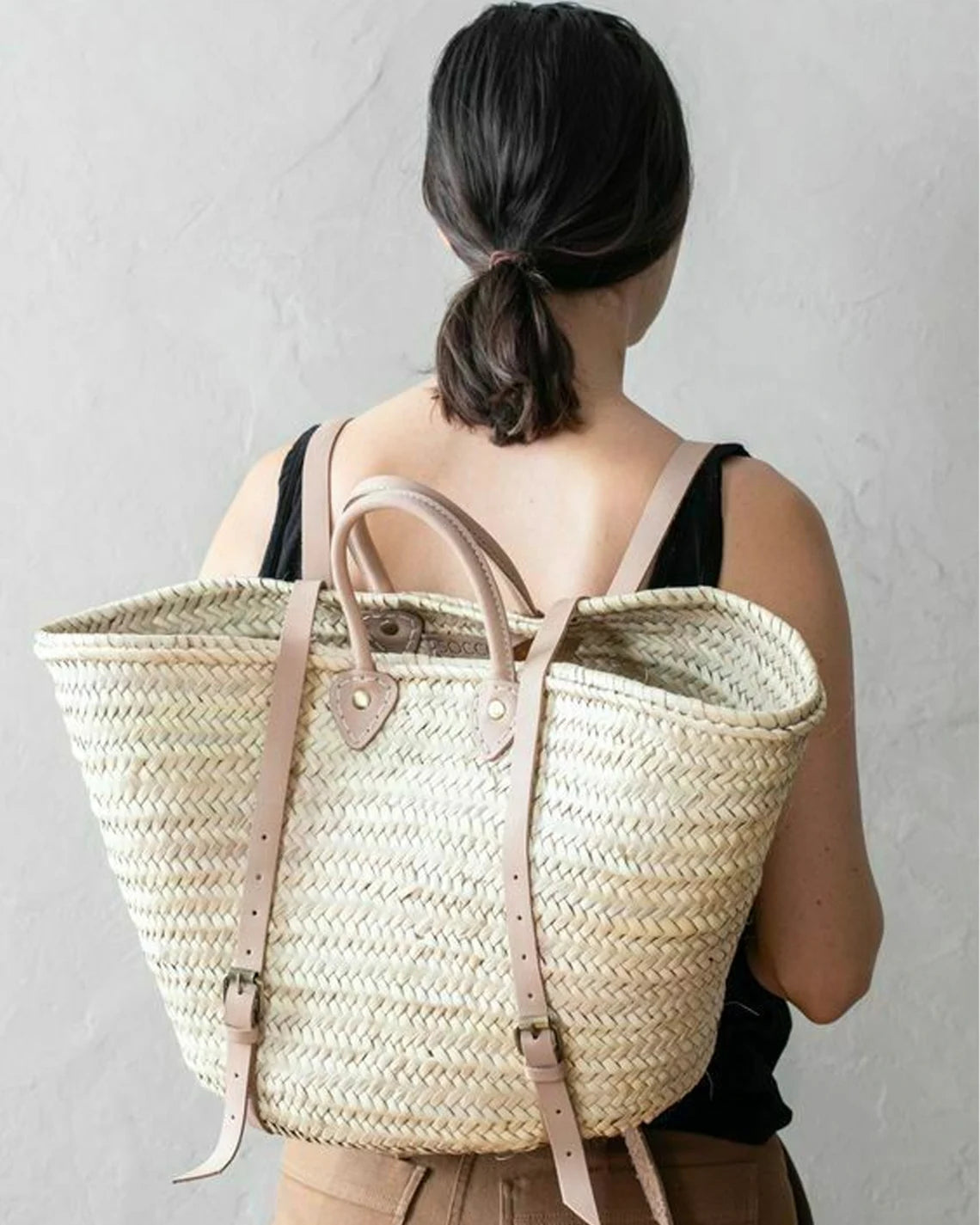 FRENCH straw basket Market Backpack with a leather fruit basket, Straw Bag Double Handle, French Market, Basket, grocery market bag