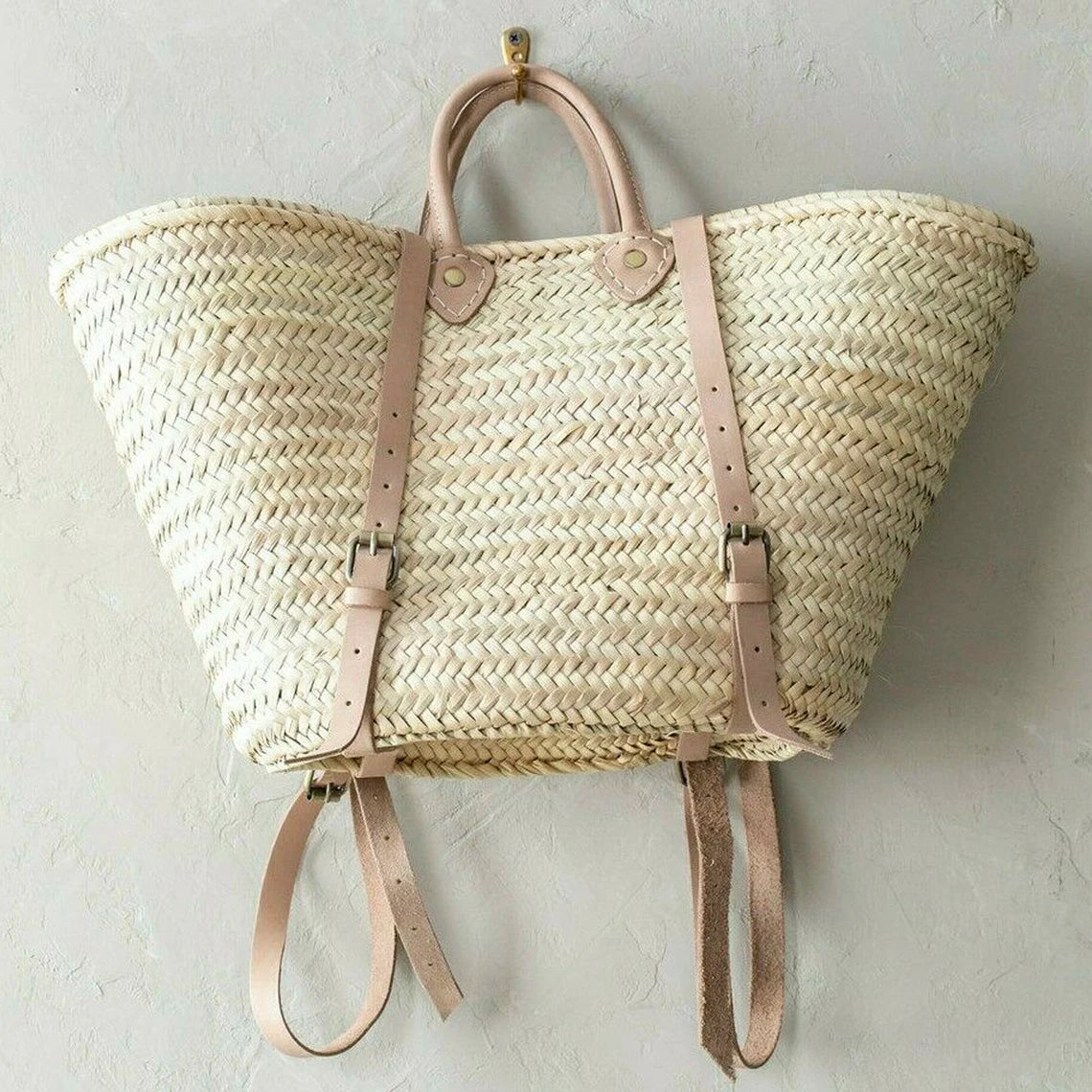 FRENCH straw basket Market Backpack with a leather fruit basket, Straw Bag Double Handle, French Market, Basket, grocery market bag