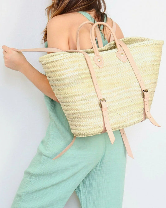 FRENCH straw basket Market Backpack with a leather fruit basket, Straw Bag Double Handle, French Market, Basket, grocery market bag