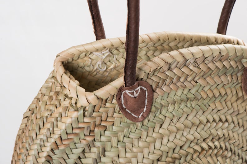 STRAW BAG Handmade with leather, French Market Basket