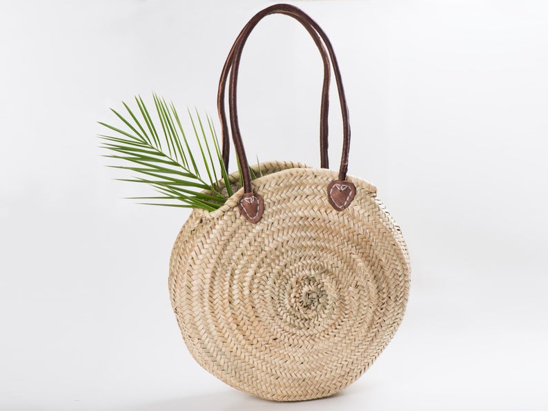 STRAW BAG Handmade with leather, French Market Basket