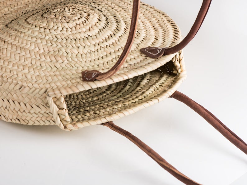 STRAW BAG Handmade with leather, French Market Basket