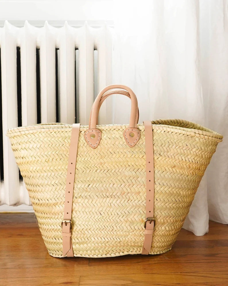 FRENCH straw basket Market Backpack with a leather fruit basket, Straw Bag Double Handle, French Market, Basket, grocery market bag